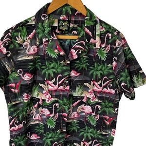 Benny's Blue Hawaiian Tropical Flamingo Button Up Shirt Mens Large short Sleeve